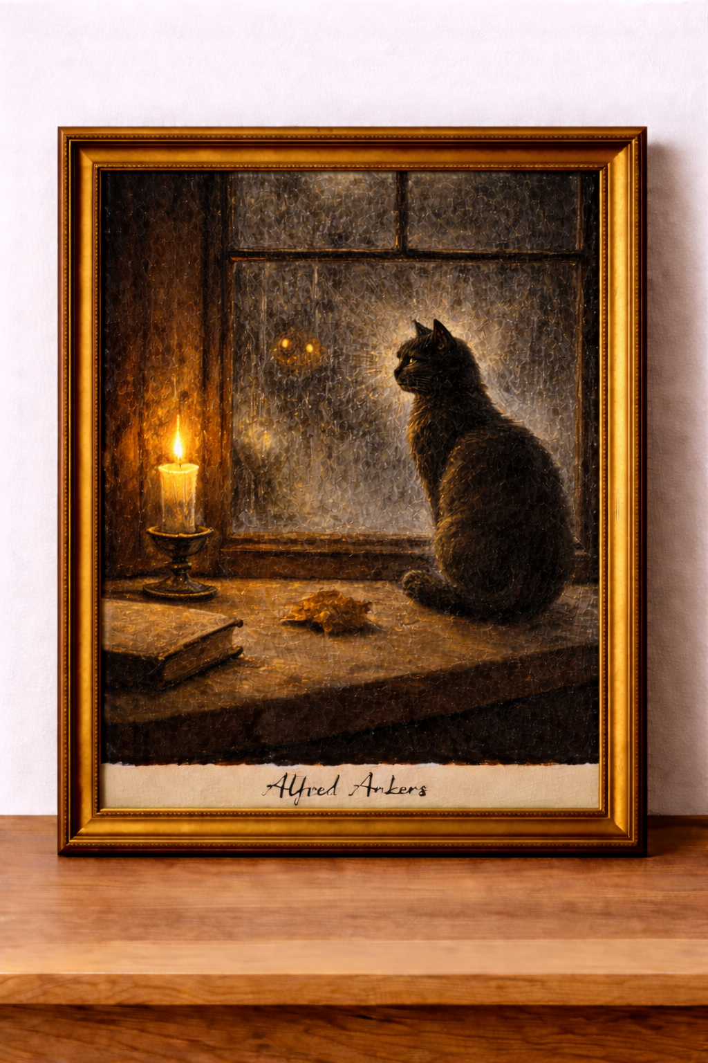 Black cat by a rainy window
