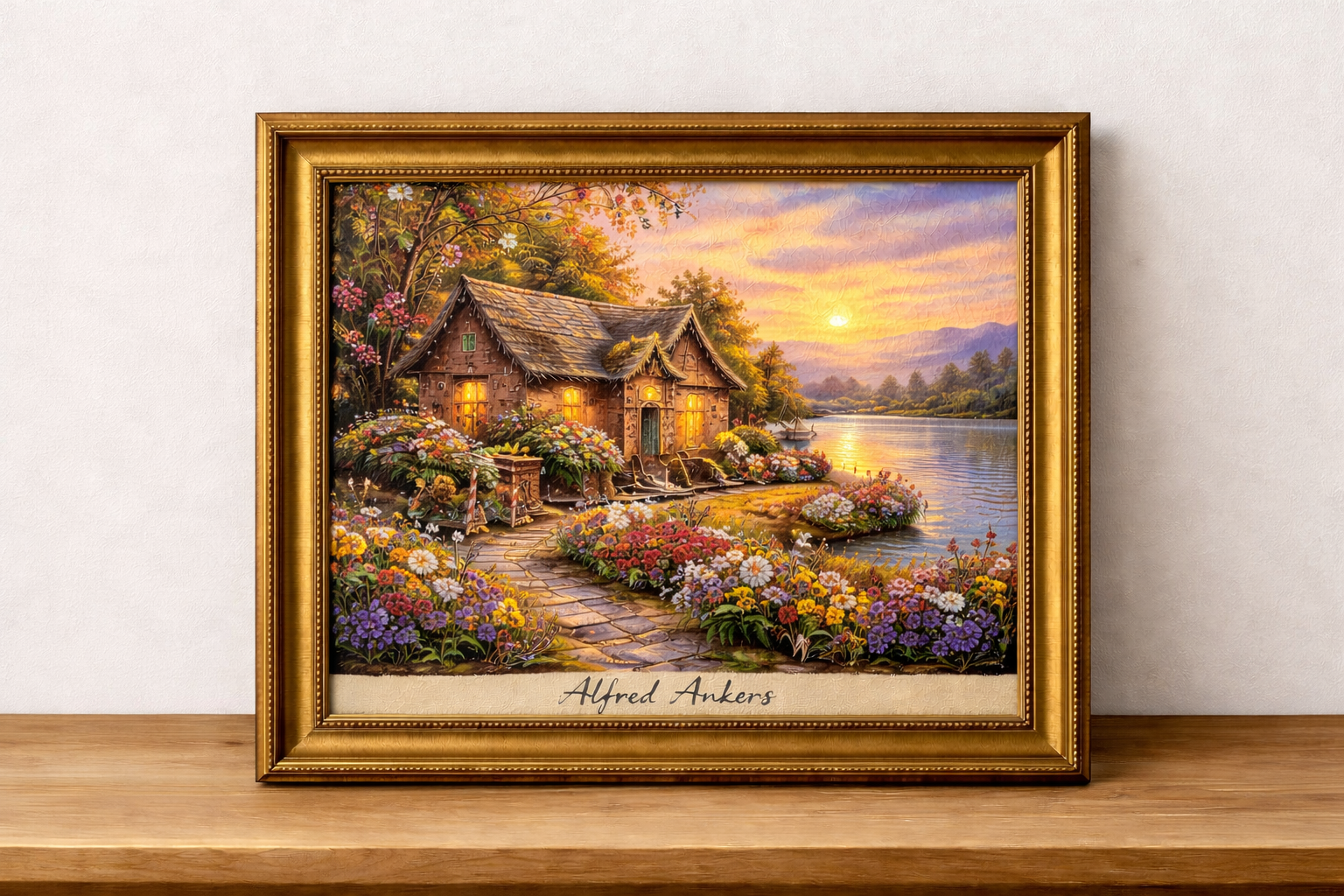 Cottage at sunset by the lake
