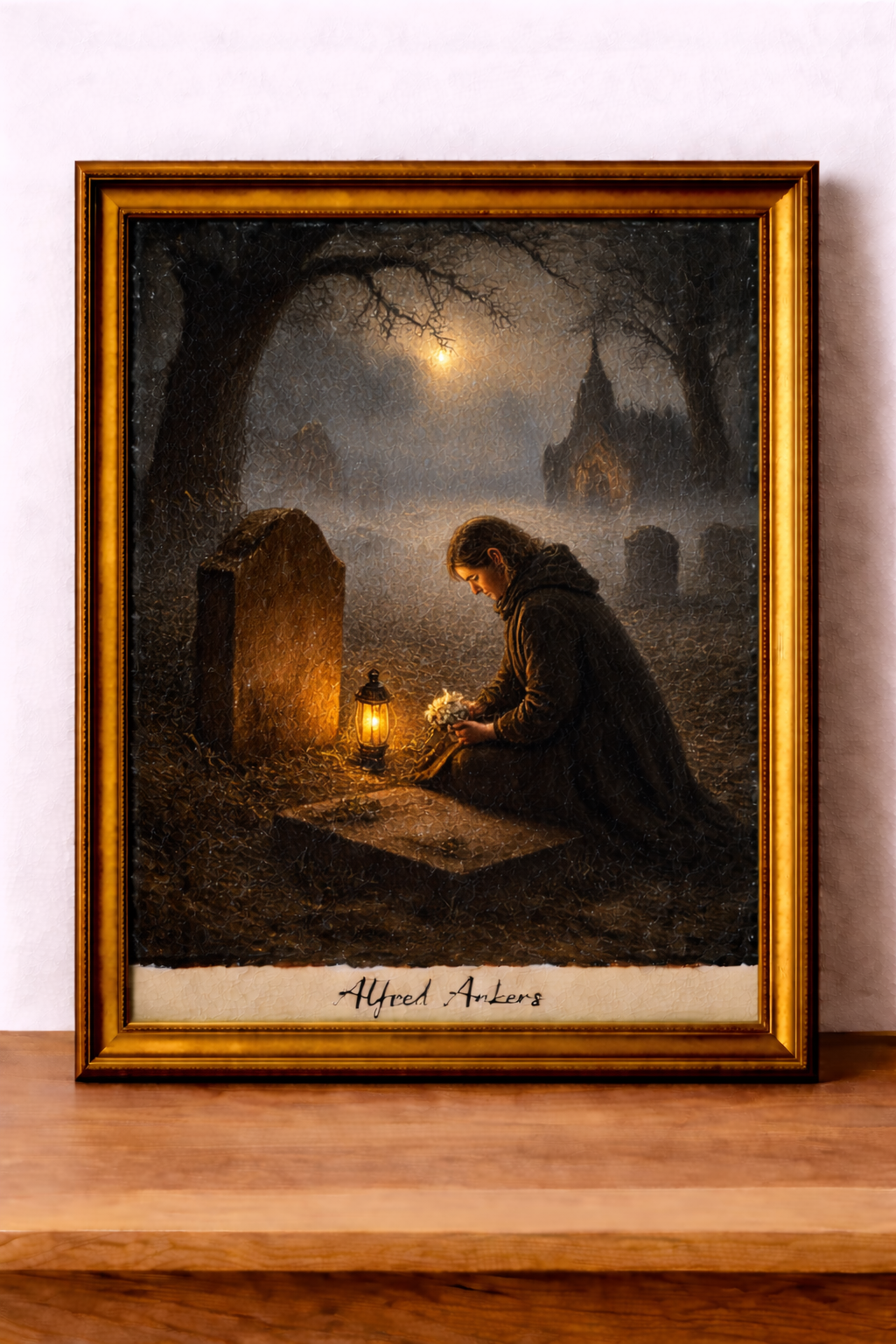 Grieving woman in the misty graveyard